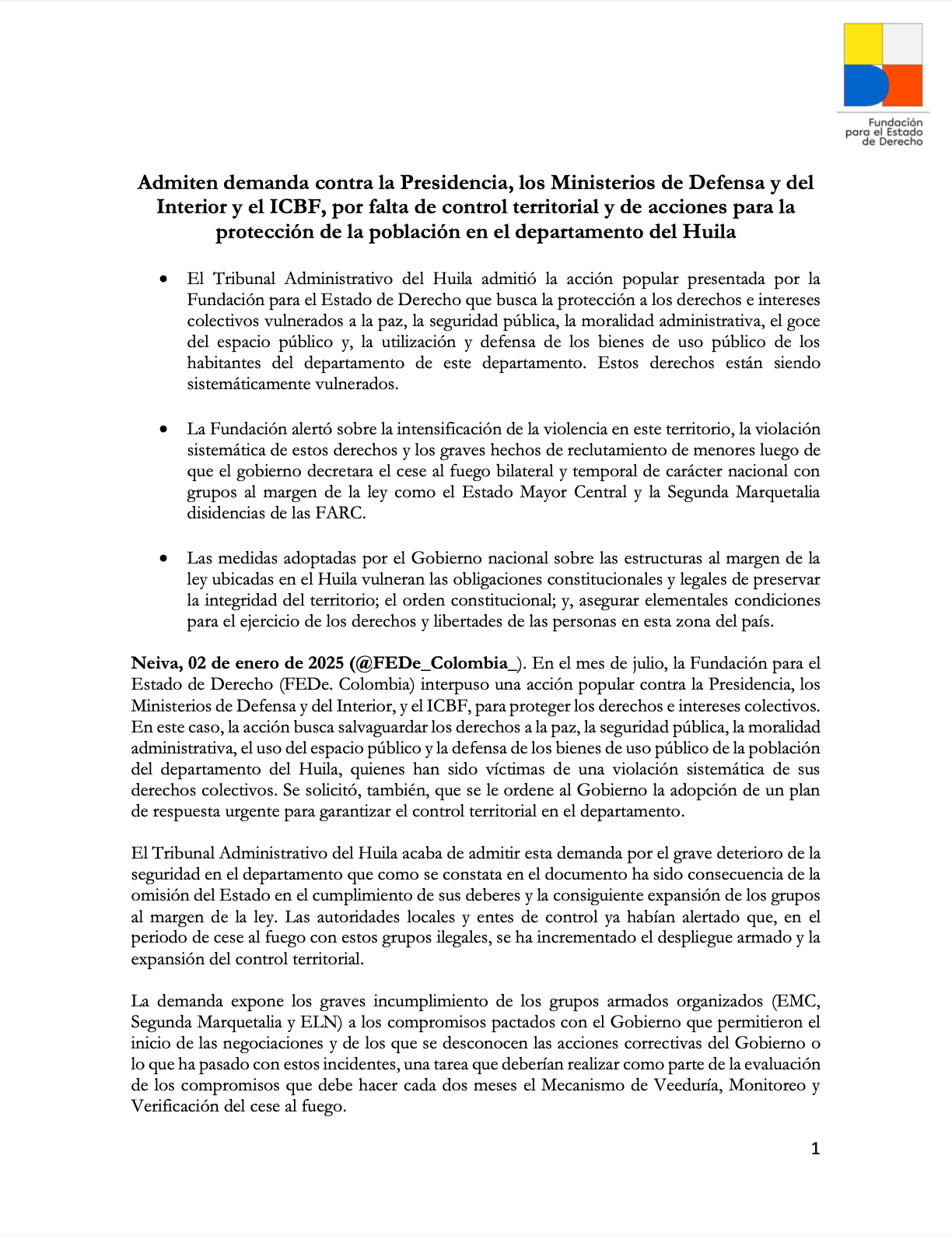 Admiten demanda contra la Presidencia, los Ministerios de Defensa y del Interior y el ICBF, por falta de control territorial y de acciones para la protección de la Población en el departamento del Huila