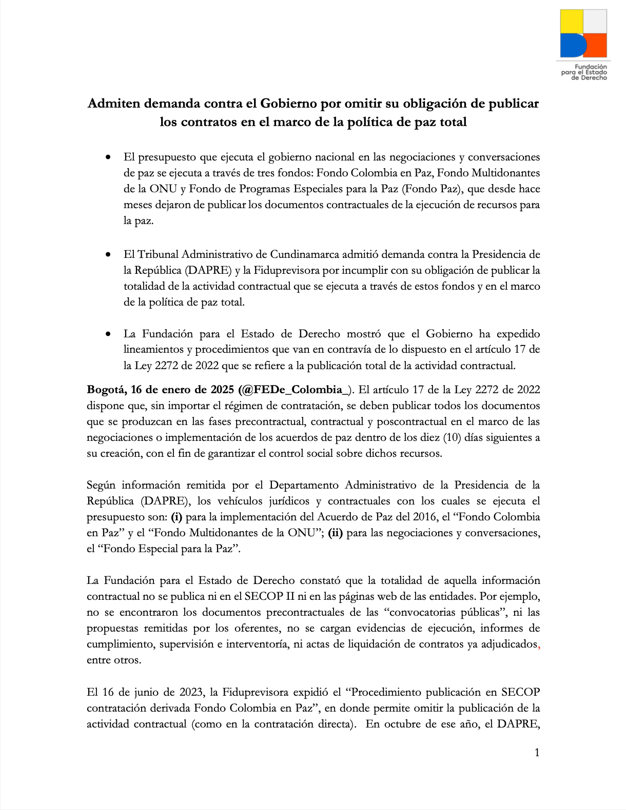 Admiten demanda contra el Gobierno por omitir su obligación de publicar los contratos en el marco de la política de Paz Total