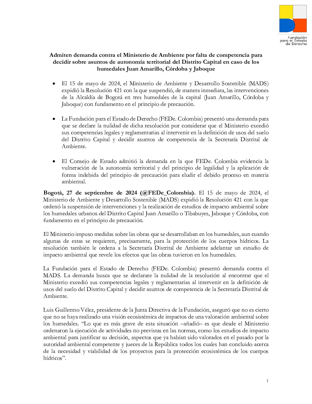 Admiten demanda contra el Ministerio de Ambiente por falta de competencia para decidir sobre asuntos de autonomía territorial del Distrito Capital en caso de los humedales Juan Amarillo, Córdoba y Jaboque