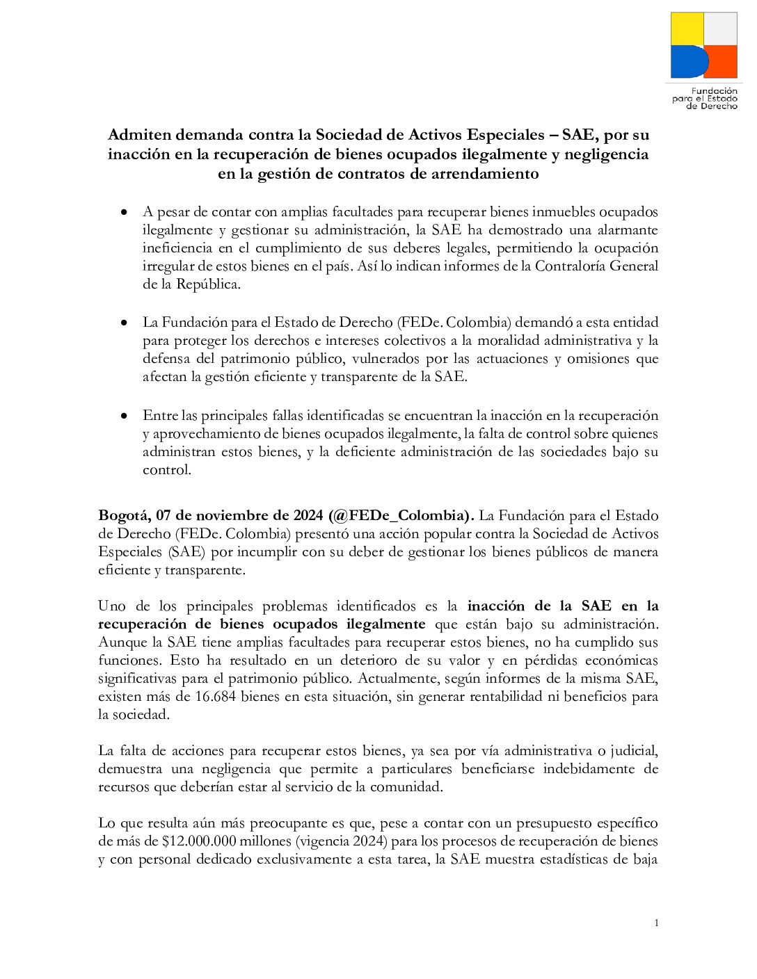 Admiten demanda contra la Sociedad de Activos Especiales – SAE, por su inacción en la recuperación de bienes ocupados ilegalmente y negligencia en la gestión de contratos de arrendamiento