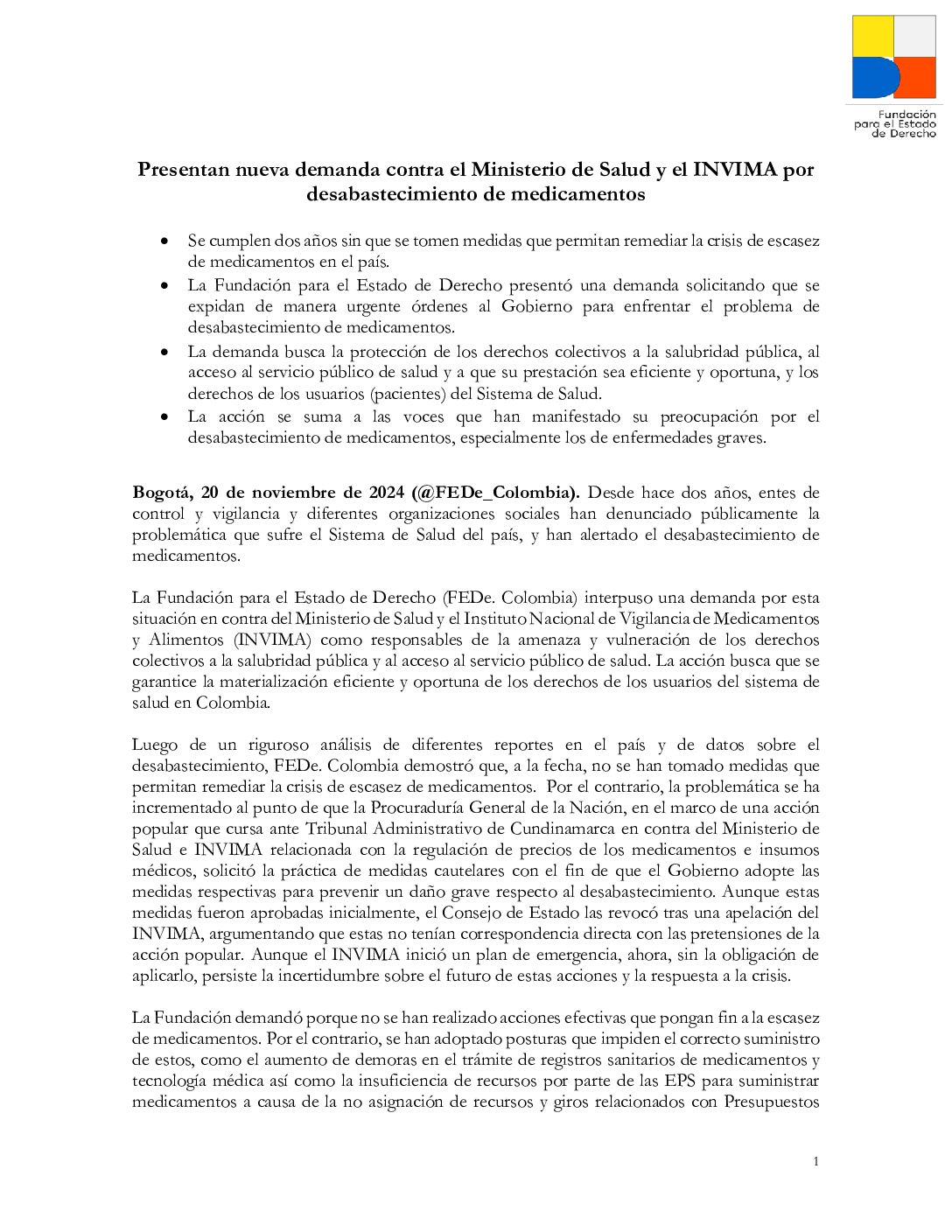 Presentan nueva demanda contra el Ministerio de Salud y el INVIMA por desabastecimiento de medicamentos