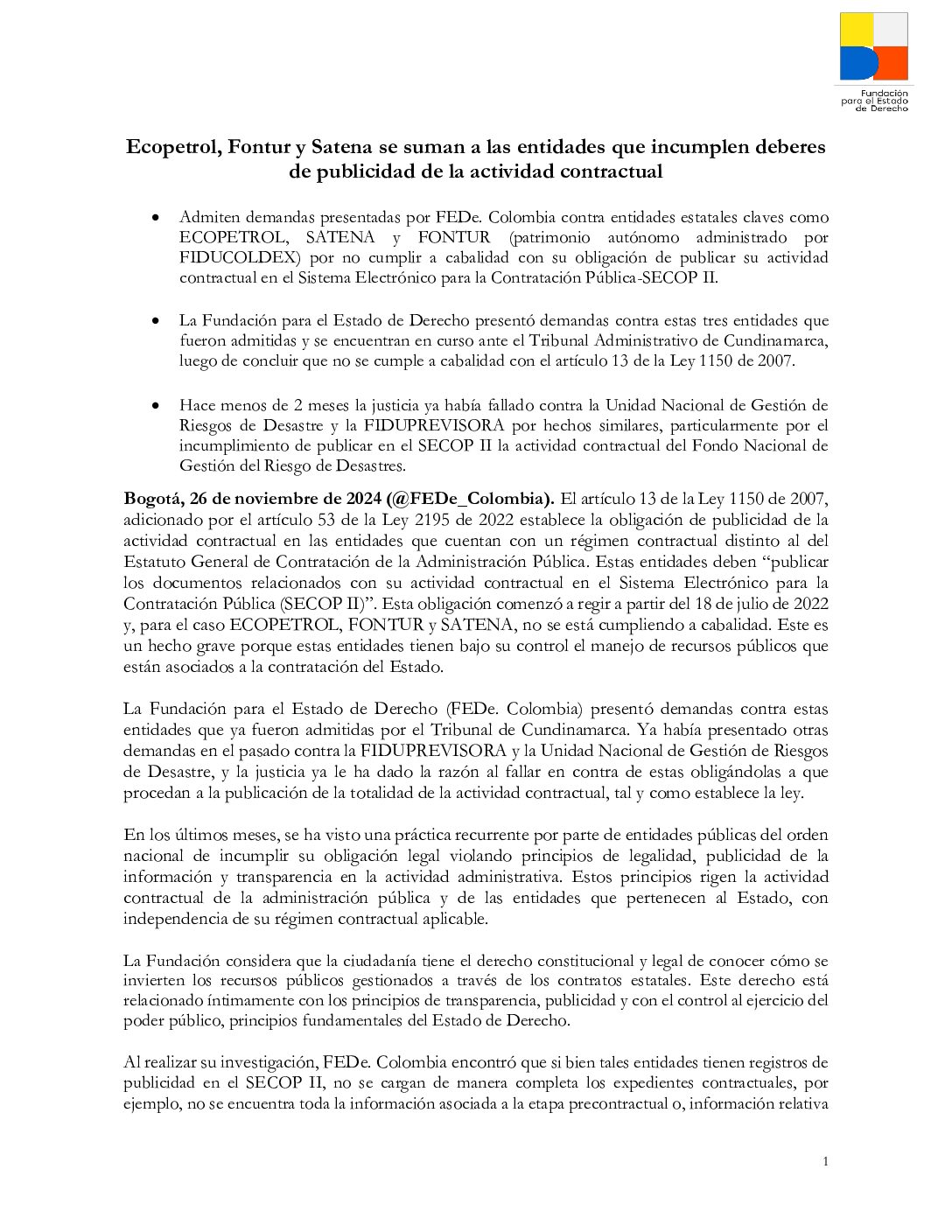 Ecopetrol, Fontur y Satena se suman a las entidades que incumplen deberes de publicidad de la actividad contractual