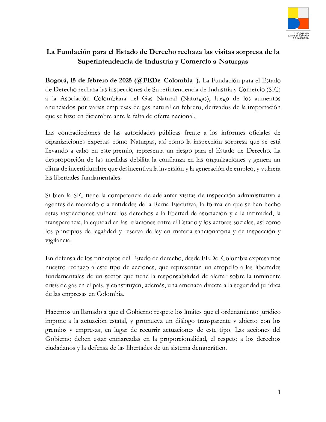 La Fundación para el Estado de Derecho rechaza las visitas sorpresa de la Superintendencia de Industria y Comercio a Naturgas