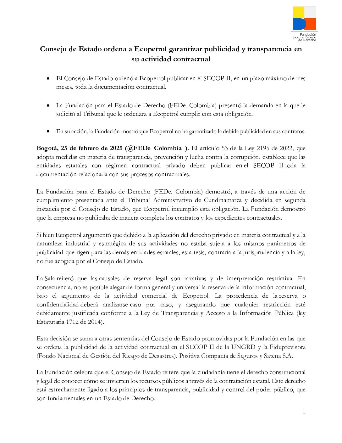 Consejo de Estado ordena a Ecopetrol garantizar publicidad y transparencia en su actividad contractual