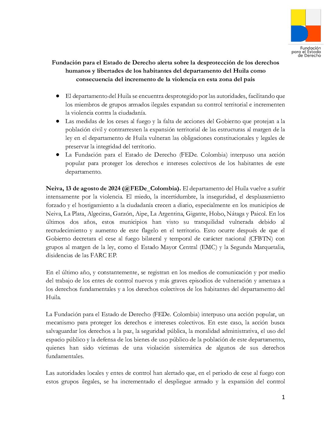Fundación para el Estado de Derecho alerta sobre la desprotección de los derechos humanos y libertades de los habitantes del departamento del Huila como consecuencia del  incremento de la violencia en esta zona del país