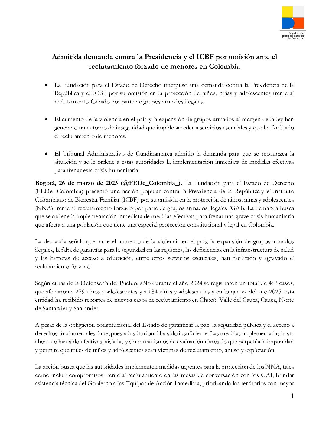Admitida demanda contra la Presidencia y el ICBF por omisión ante el reclutamiento forzado de menores en Colombia