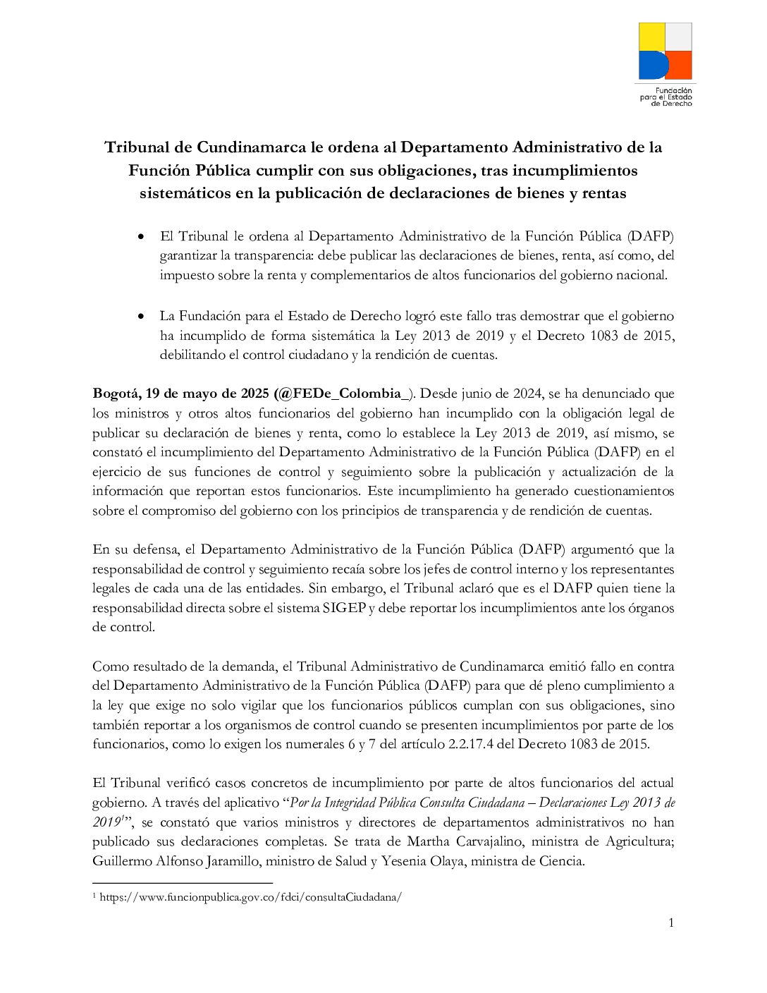 Tribunal de Cundinamarca le ordena al Departamento Administrativo de la Función Pública cumplir con sus obligaciones, tras incumplimientos sistemáticos en la publicación de declaraciones de bienes y rentas