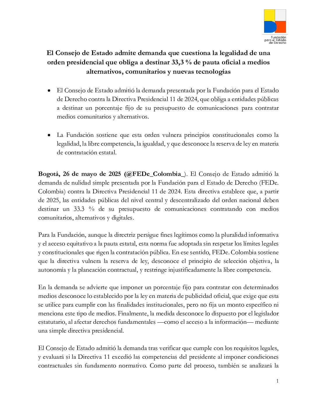 El Consejo de Estado admite demanda que cuestiona la legalidad de una orden presidencial que obliga a destinar 33,3 % de pauta oficial a medios alternativos, comunitarios y nuevas tecnologías