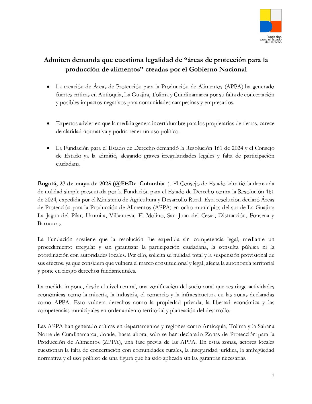 Admiten demanda que cuestiona legalidad de “áreas de protección para la producción de alimentos” creadas por el Gobierno Nacional