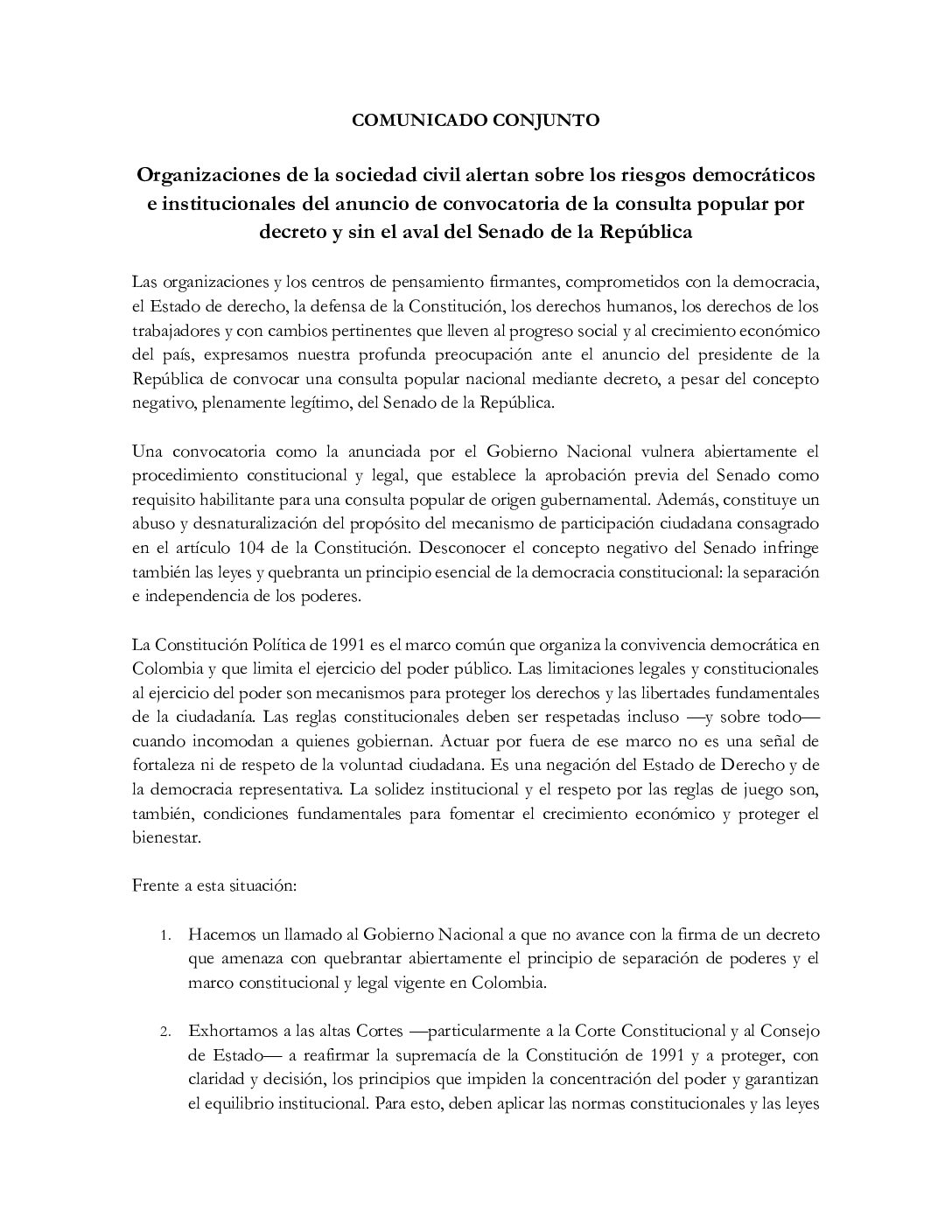 Organizaciones de la sociedad civil alertan sobre los riesgos democráticos e institucionales del anuncio de convocatoria de la consulta popular por decreto y sin el aval del Senado de la República