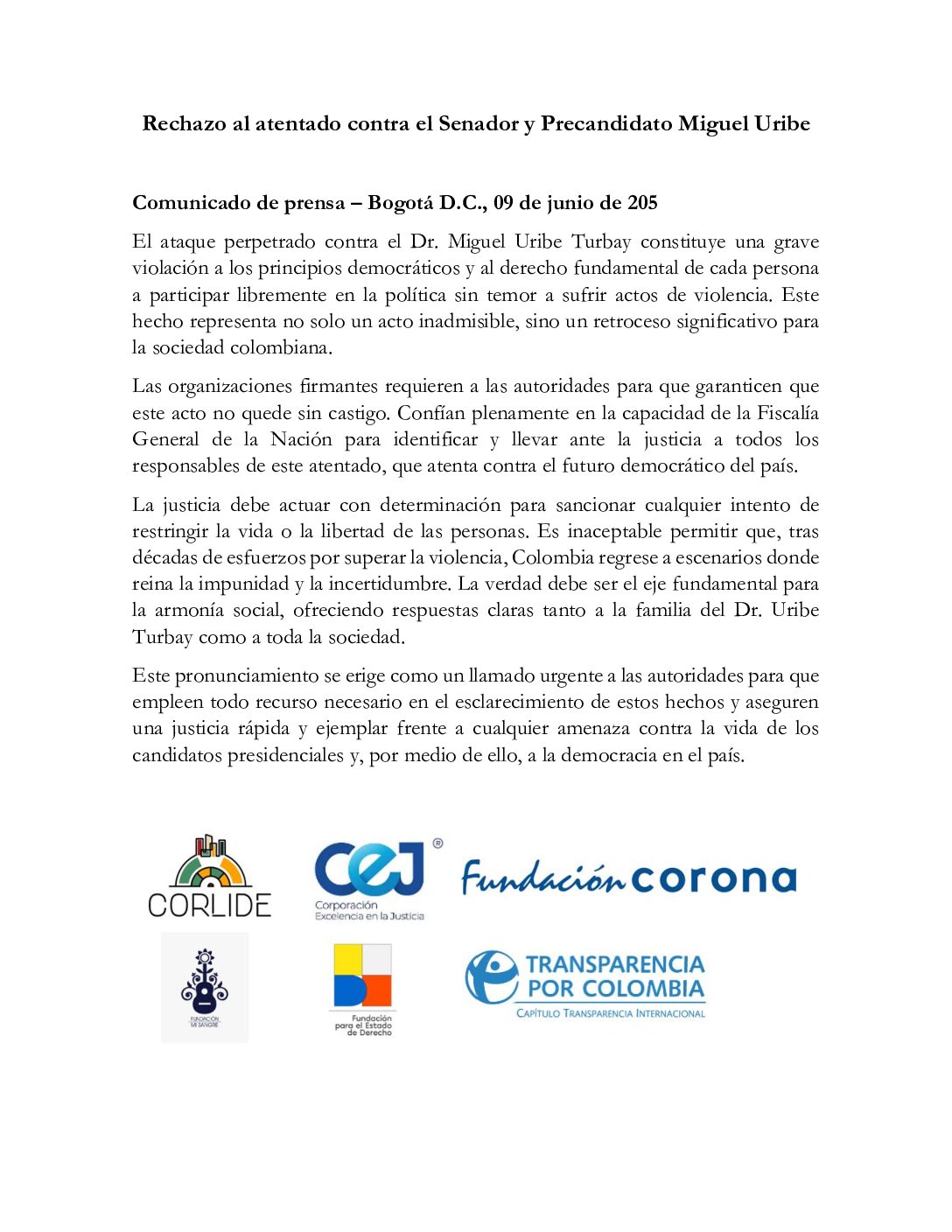Comunicado_ Rechazó al atentado contra el Senador y Precandidato Miguel Uribe