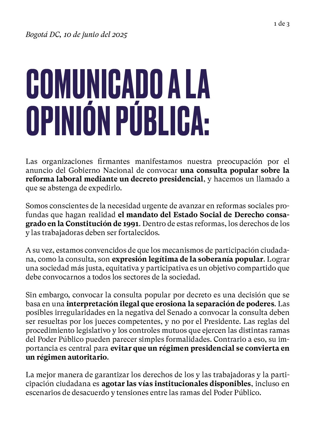 Comunicado_Rechazó de varias organizaciones a la Consulta Popular