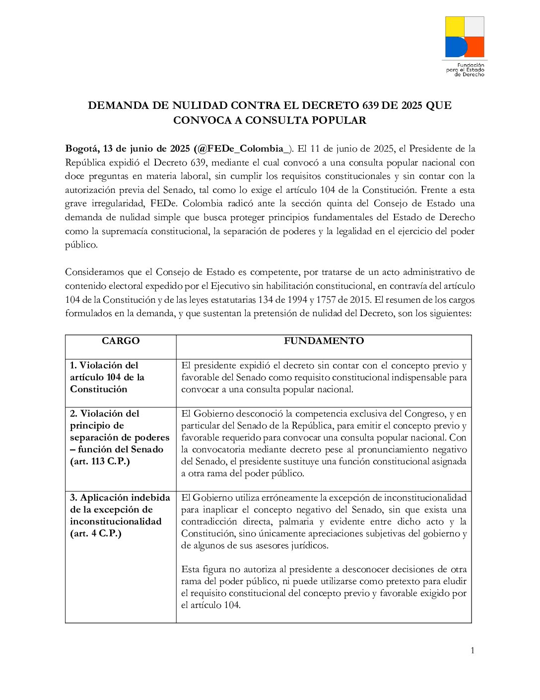 Demanda de Nulidad contra el decreto 639 de 2025 que convoca a consulta popular