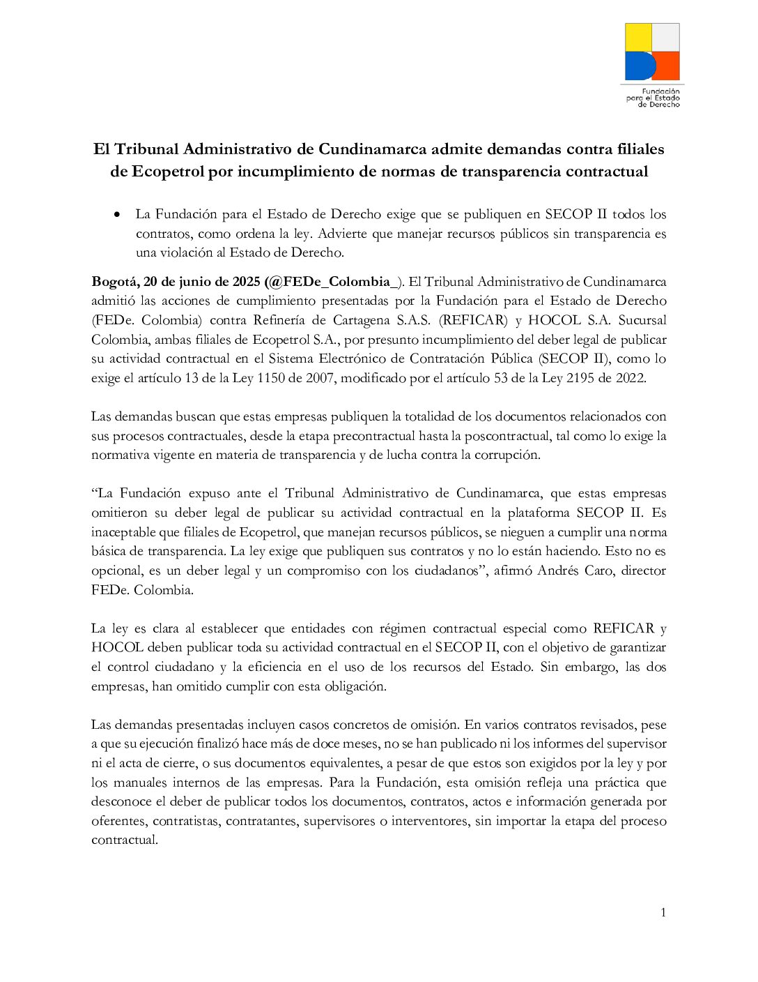 El Tribunal Administrativo de Cundinamarca admite demandas contra filiales de Ecopetrol por incumplimiento de normas de transparencia contractual