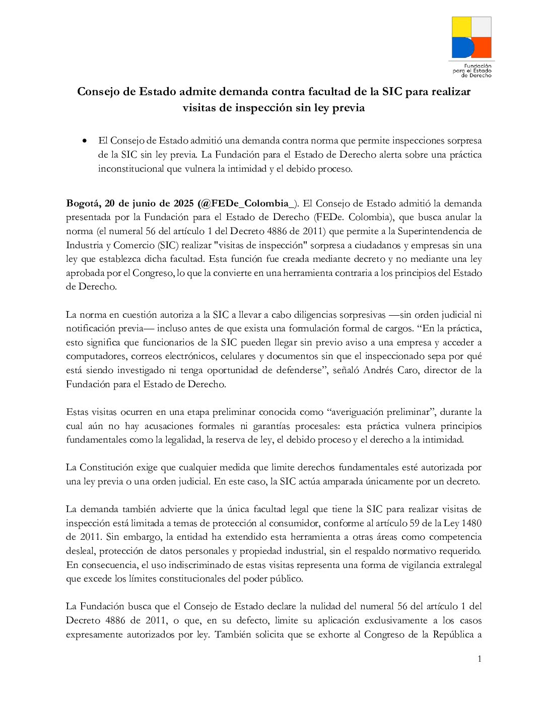 Consejo de Estado admite demanda contra facultad de la SIC para realizar visitas de inspección sin ley previa