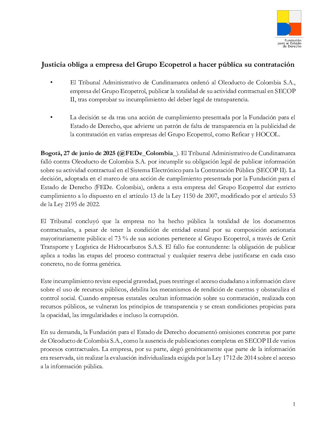 Justicia obliga a empresa del Grupo Ecopetrol a hacer pública su contratación