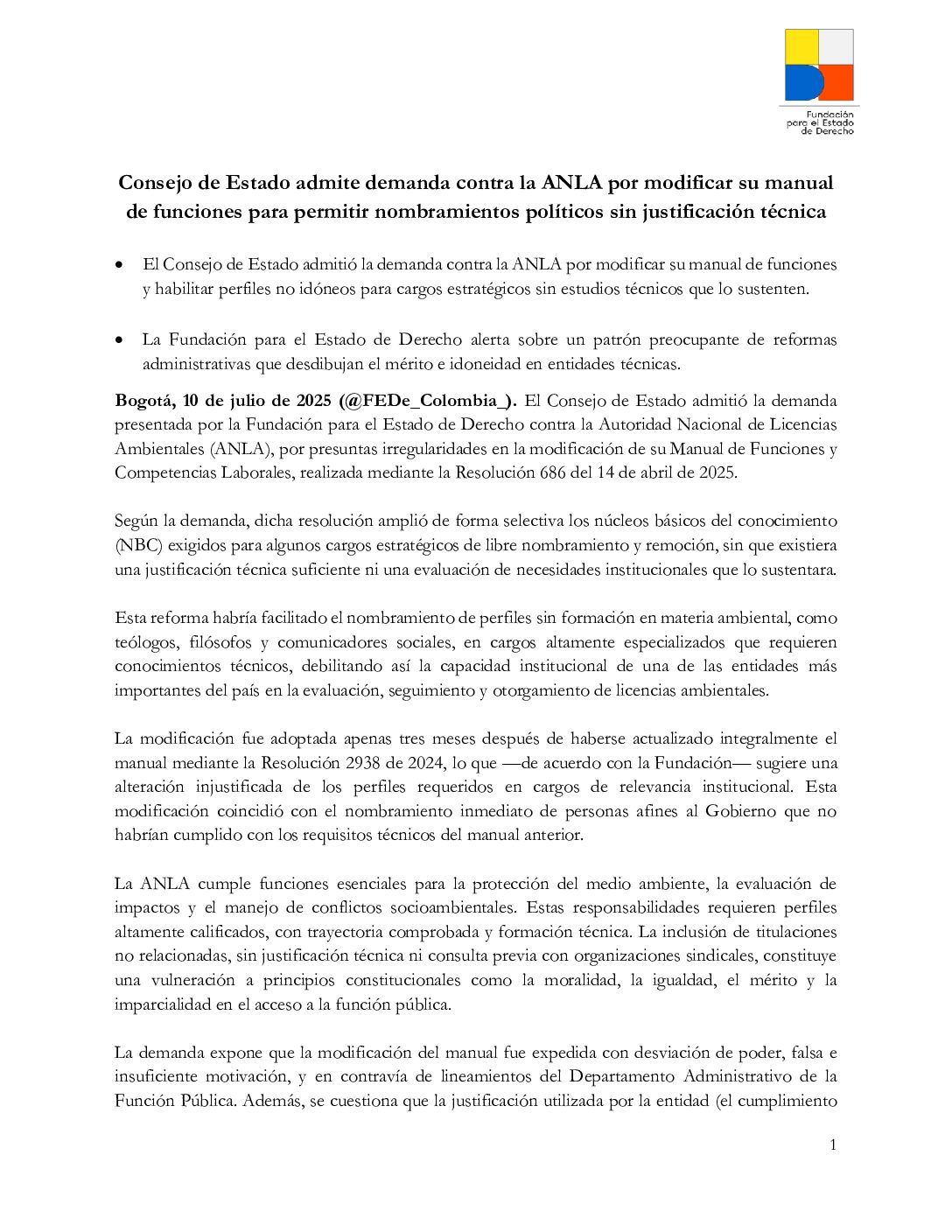 Consejo de Estado admite demanda contra la ANLA por modificar su manual de funciones para permitir nombramientos políticos sin justificación técnica