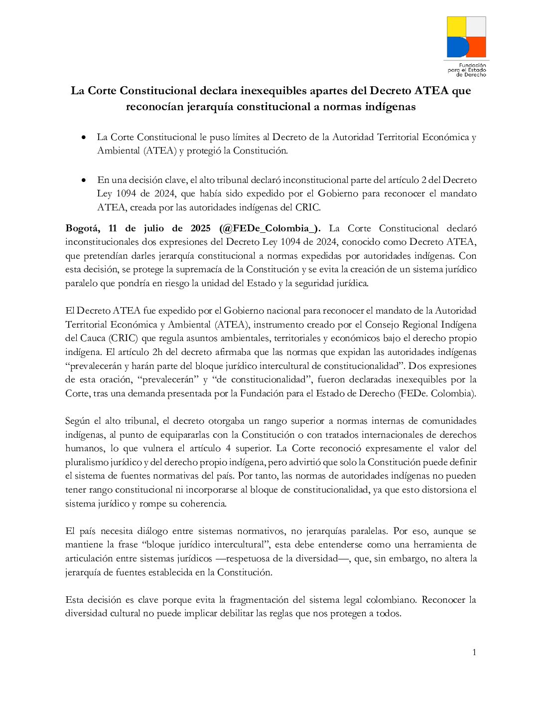 La Corte Constitucional declara inexequibles apartes del Decreto ATEA que reconocían jerarquía constitucional a normas indígenas
