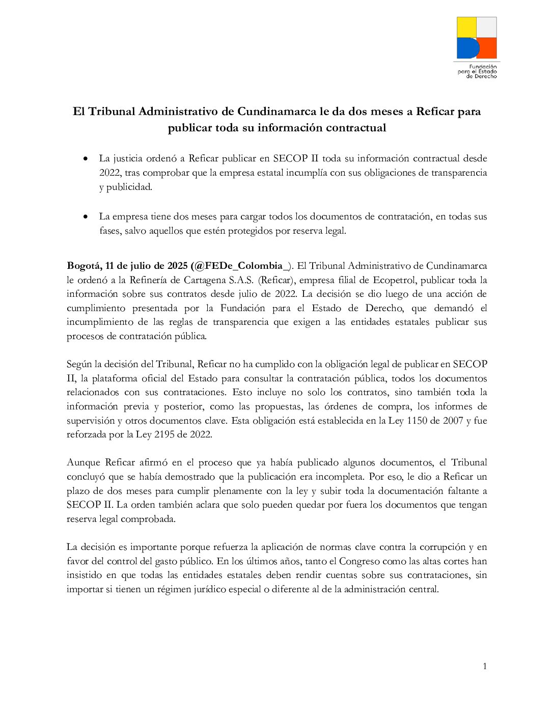 El Tribunal Administrativo de Cundinamarca le da dos meses a Reficar para publicar toda su información contractual
