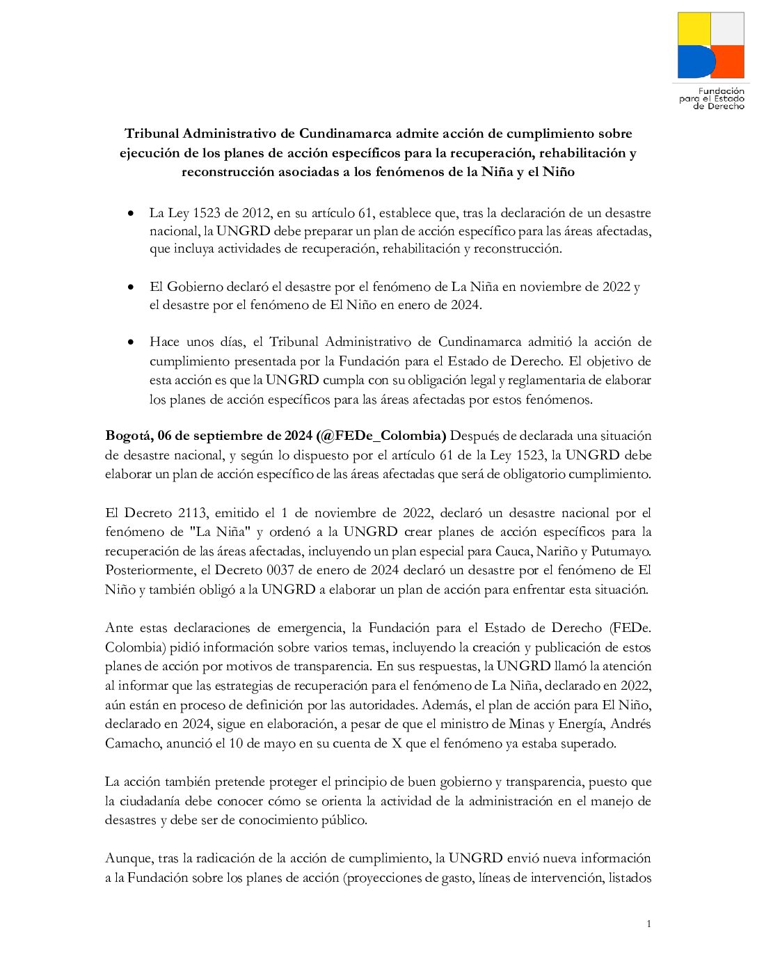 Tribunal Administrativo de Cundinamarca admite acción de cumplimiento sobre ejecución de los planes de acción específicos para la recuperación, rehabilitación y reconstrucción asociadas a los fenómenos de la Niña y el Niño
