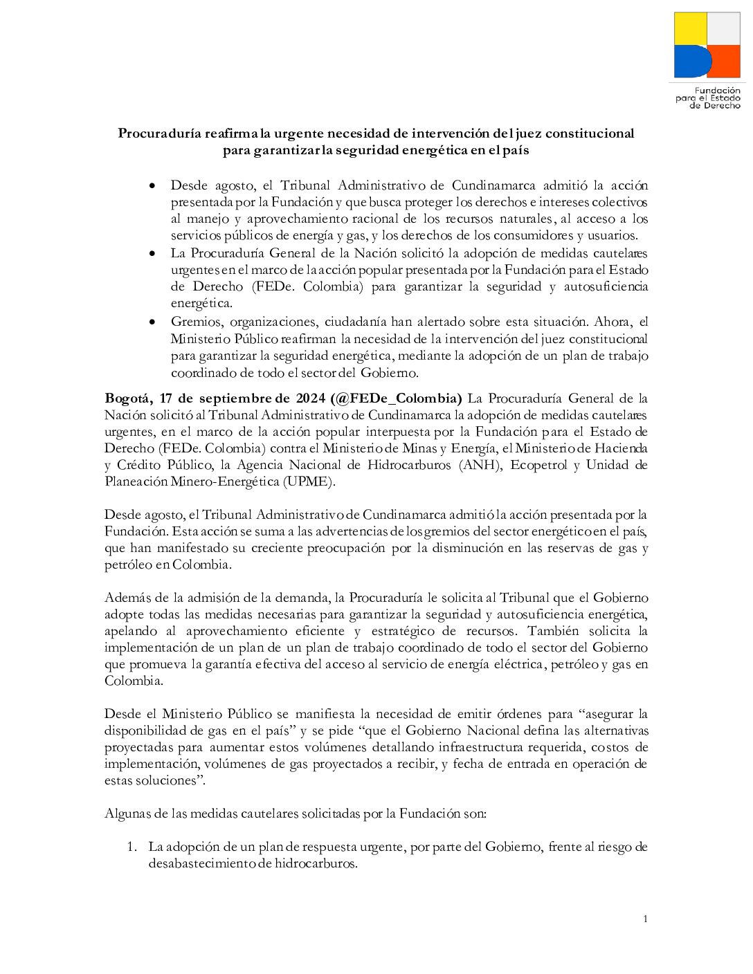 Procuraduría reafirma la urgente necesidad de intervención del juez constitucional para garantizar la seguridad energética en el país