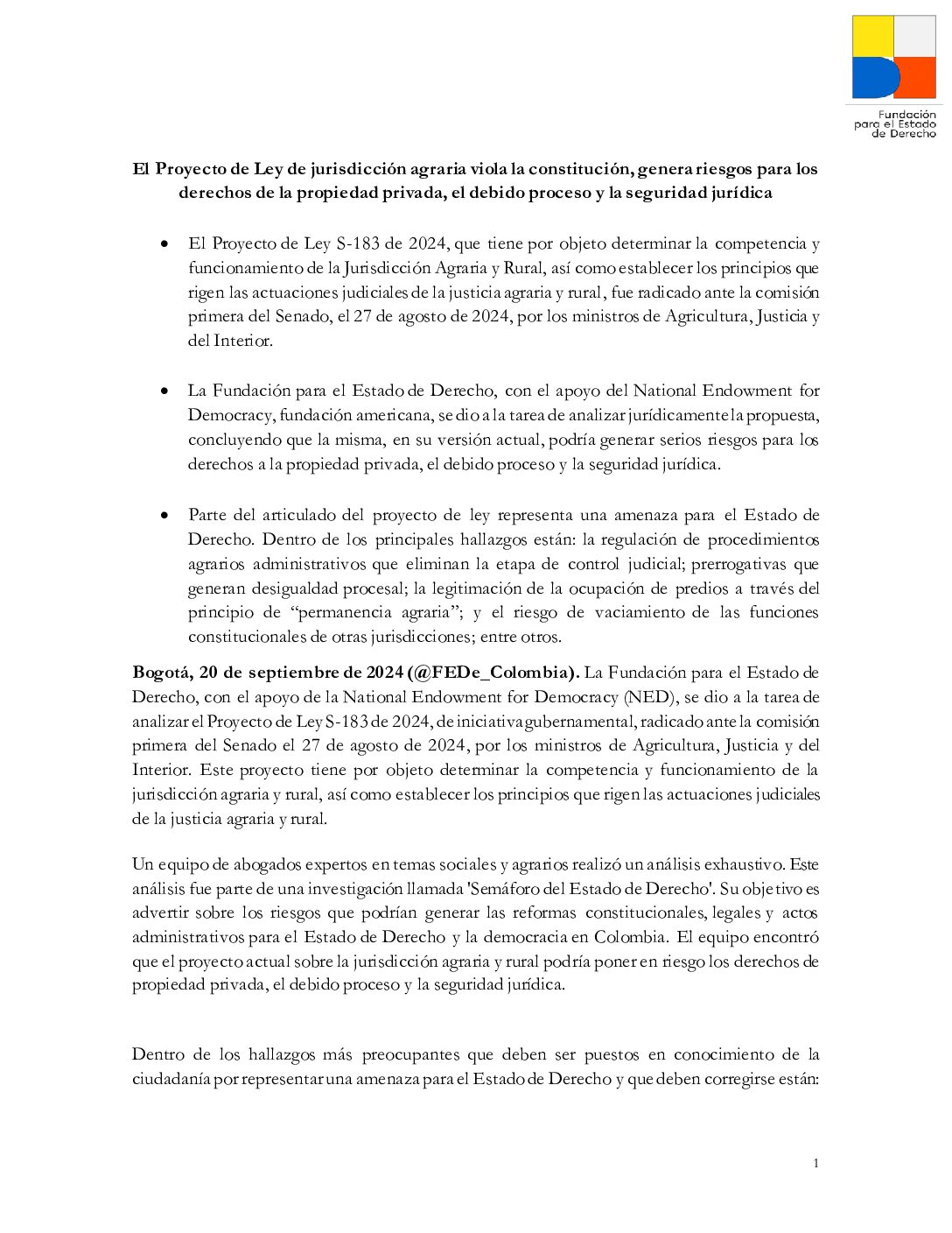 El Proyecto de Ley de jurisdicción agraria viola la constitución, genera riesgos para los derechos de la propiedad privada, el debido proceso y la seguridad jurídica