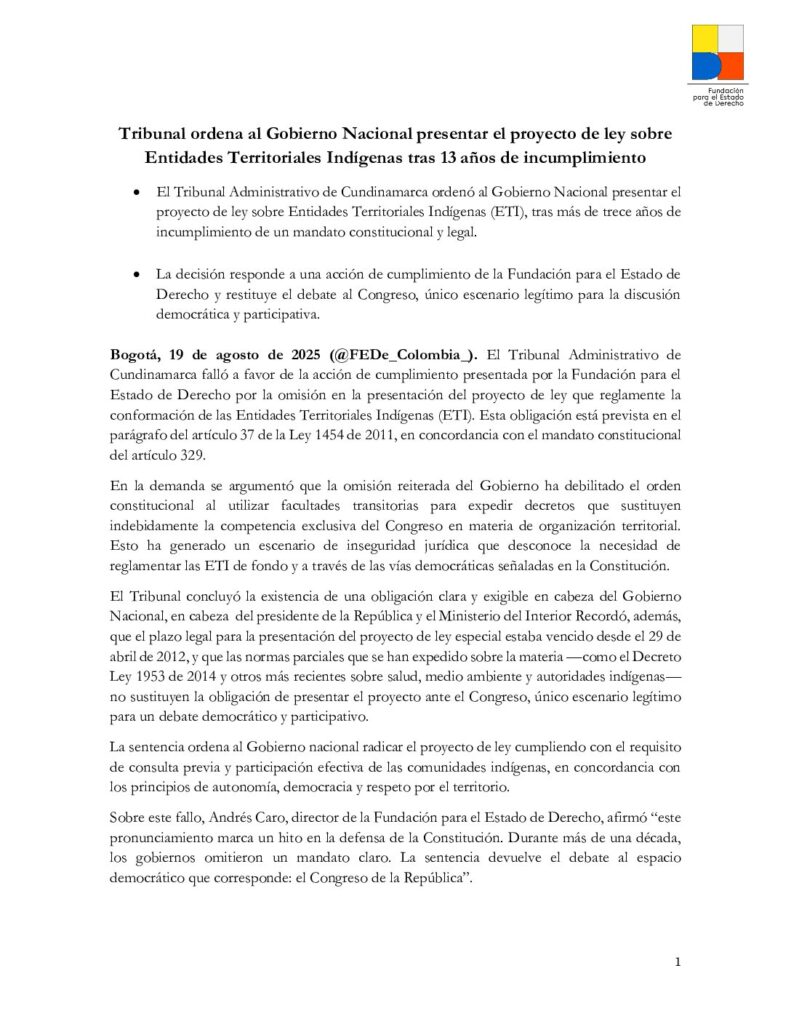 57. 19Agosto2025 Proyecto de ley sobre Entidades Territoriales Indígena