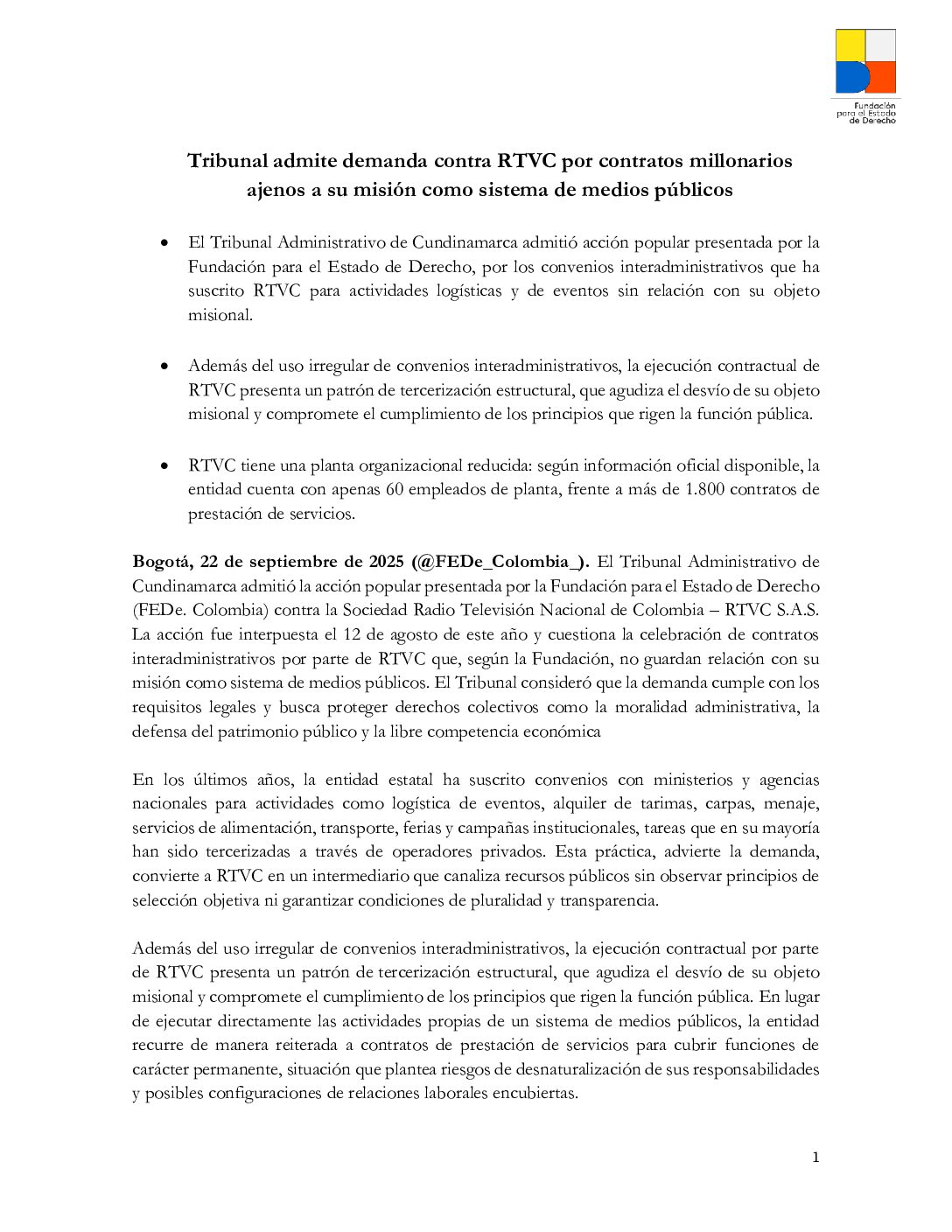 Tribunal admite demanda contra RTVC por contratos millonarios ajenos a su misión como sistema de medios públicos