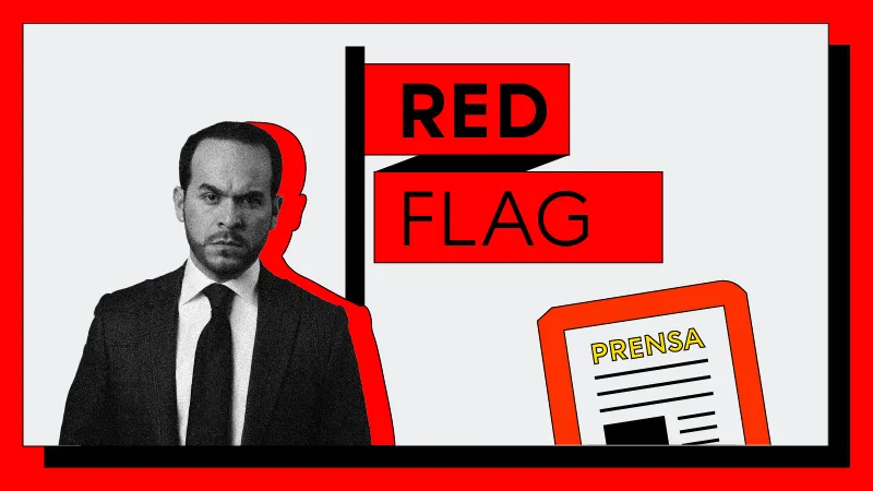 Retrato de Abelardo de La Espriella con un gráfico que dice red flag y un periódico estilizado sobre un fondo blanco y marco rojo